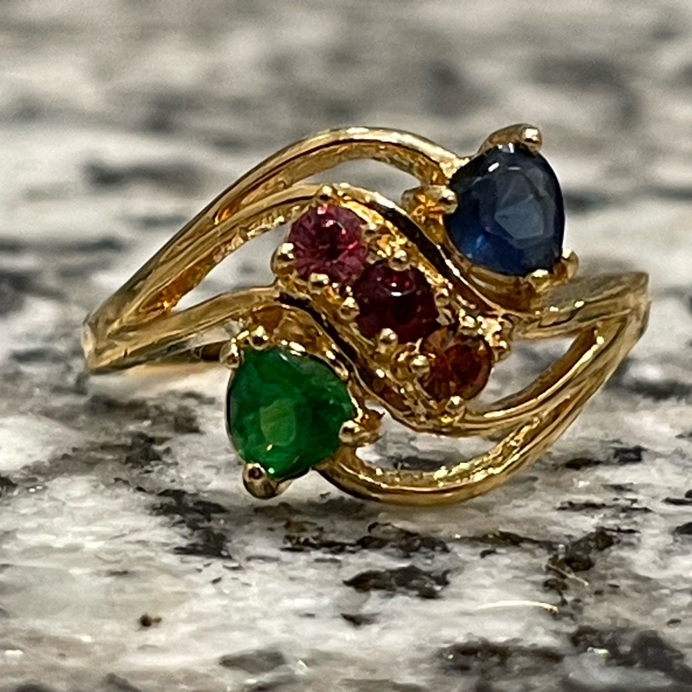 Vintage Style plated Tone Bypass Ring Sz 6.75 Multicolor Gemstone Statement Ring - Picture 4 of 11